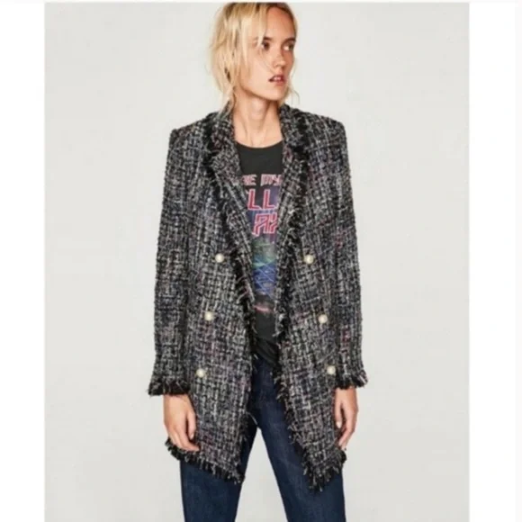 Zara Woman Tweed Pearl Button Trench Fringe Jacket/Blazer - Picture 3 of 4